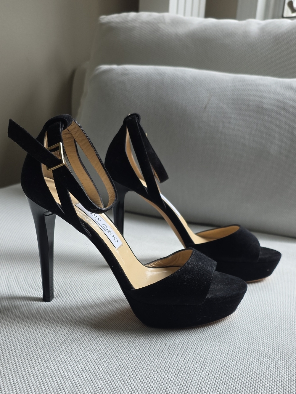 Jimmy Choo Black Suede Platform Ankle-Strap Pumps